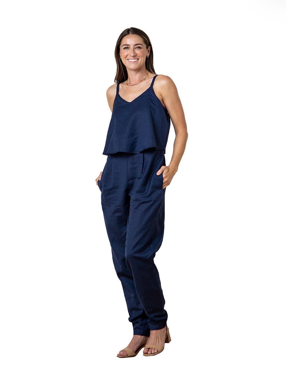 Hope & Henry Navy Blue Cotton and Linen Blend Faux Top Jumpsuit